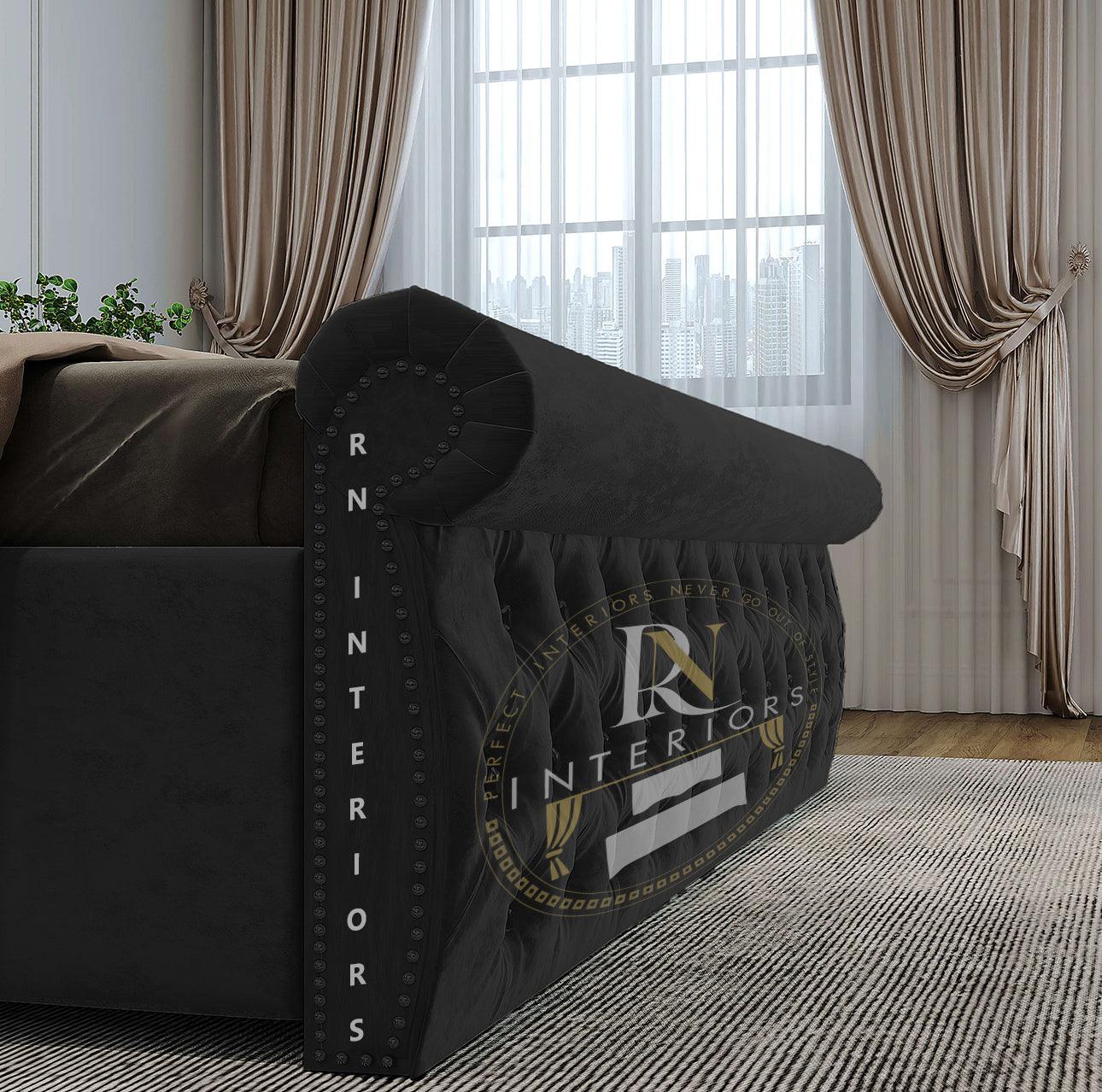 Chesterfield Ottoman Storage Bed with 49-Inch High Headboard in Demanding Color Options - Experience Plush Velvet Perfection | Chesterfield Buttoned Ottoman Bed with Storage (Black, Blue, Cream, Grey) - rn interiors, Chesterfield Ottoman Bed, Ottoman Storage Bed, High Headboard Bed, Velvet Upholstery, Solid Colour Bed, Tufted Rectangle Headboard, Gas Lift Ottoman Bed,Floor Standing Headboard, Quality Craftsmanship