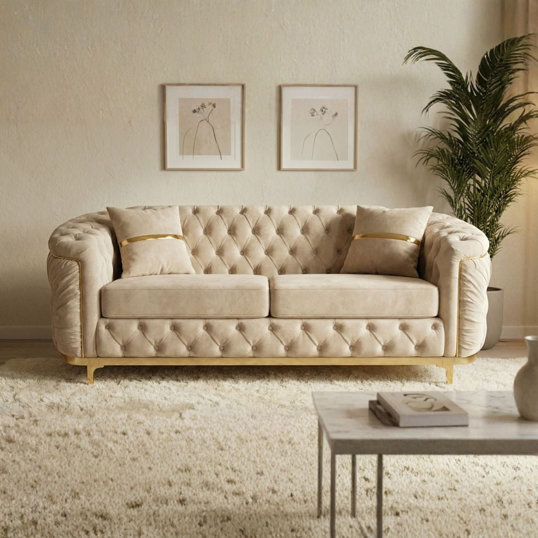 Beige Tufted Luxury Sofa: Soft Upholstery and Gold Accents