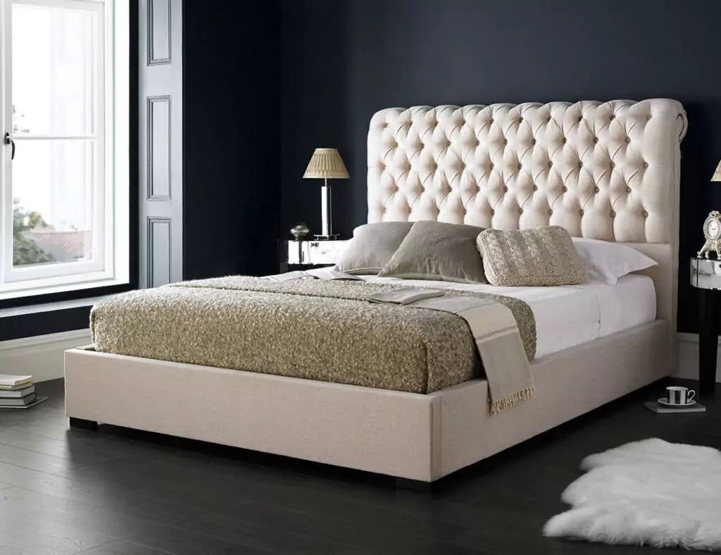 Chesterfield Chenille Cream Sleigh Bed With Matching Headboard | Footboard - rn interiors