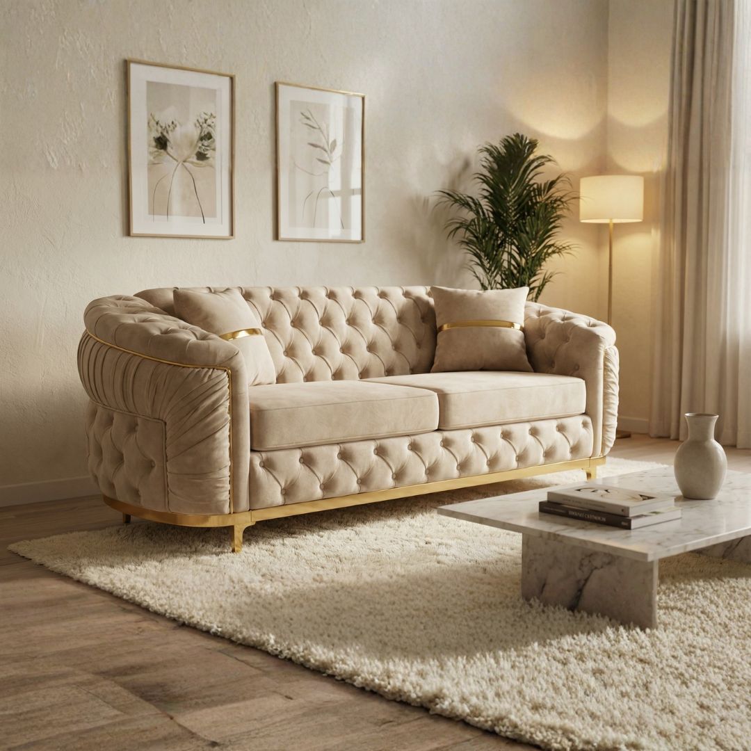 Luxury Beige Tufted Sofa with Gold Accents
