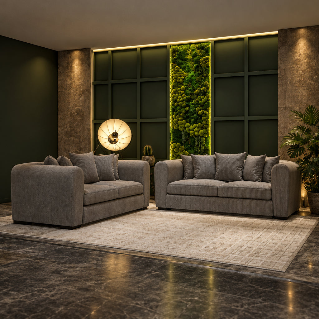 2 seater sofa side profile in plush grey fabric