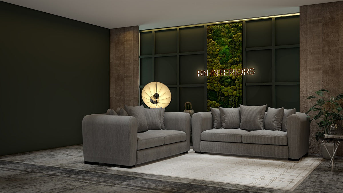 2 seater sofa side profile in plush grey fabric