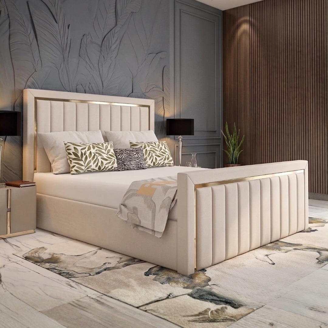 Kingston Golden Strips Sleigh Bed Frame - Plush Fabric