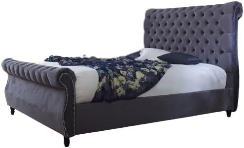 RN INTERIORS LTD Grey Sleigh bed Scroll bed frame Upholstered chesterfield| Fabric Buttons Upholstered Grey Bed Frame| Bed base with Headboard 49’’ & Footboard - rn interiors