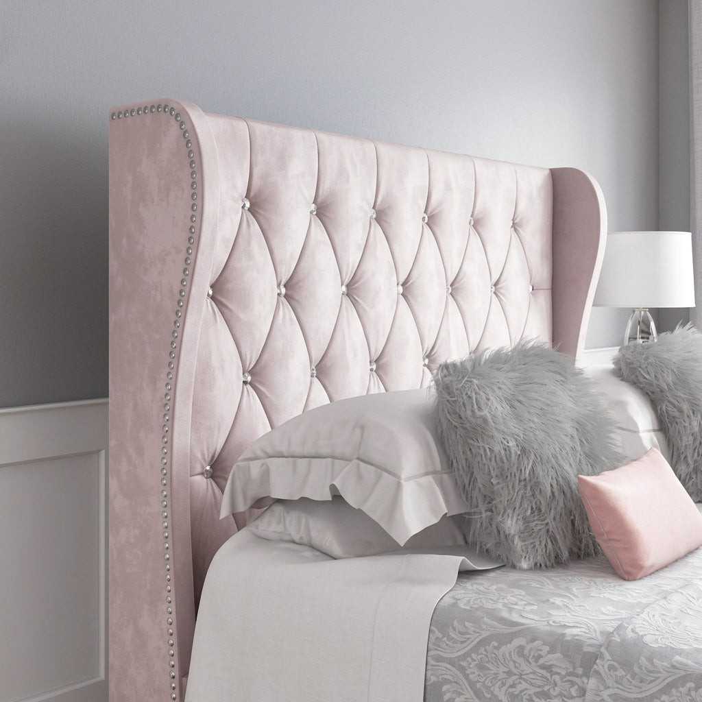 Luxurious Sophia Diamante Wing Back Ottoman Bed in Plush Velvet - rn interiors
