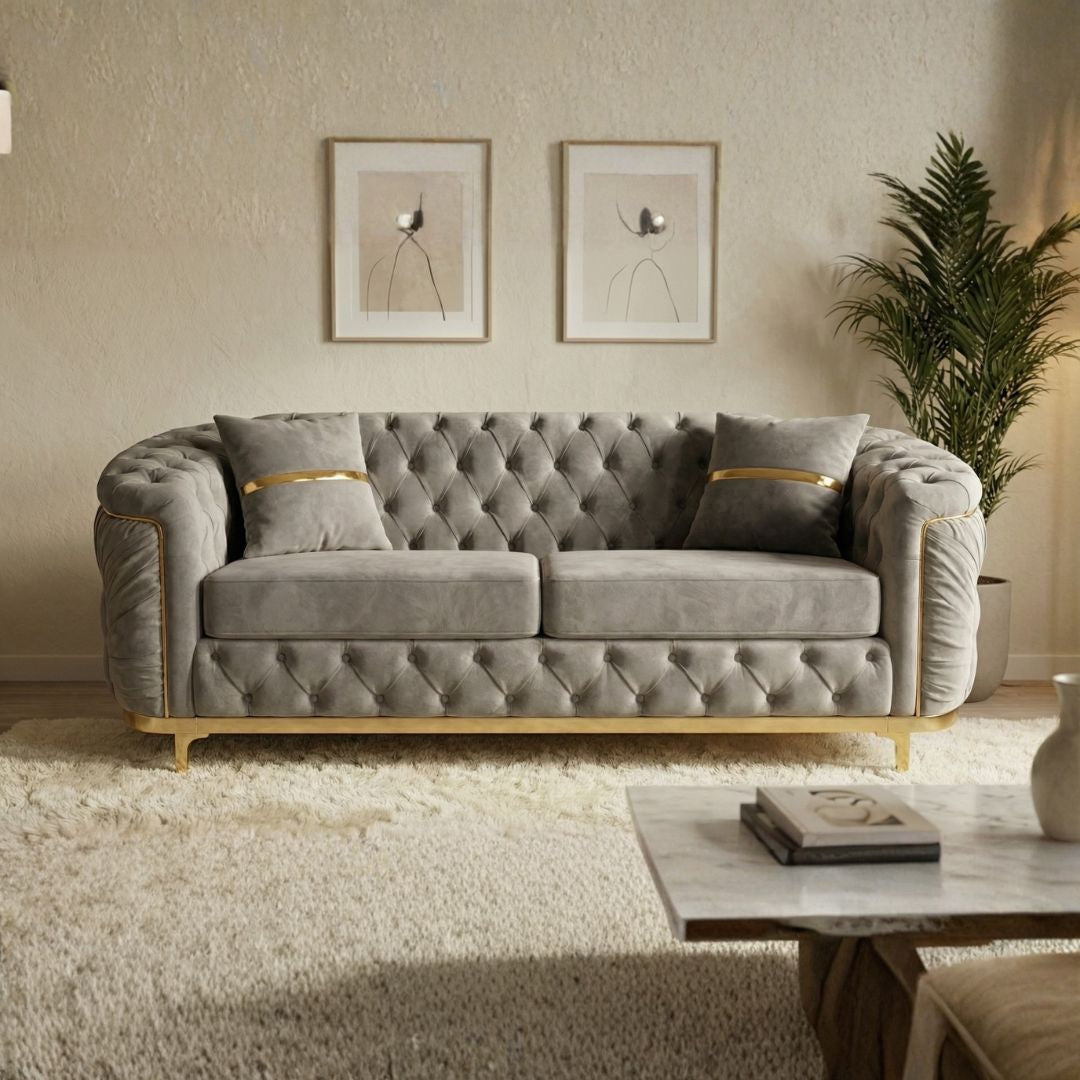 Luxury Beige Tufted Sofa with Gold Accents