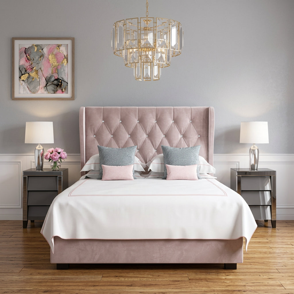 Luxurious Sophia Diamante Wing Back Ottoman Bed in Plush Velvet - rn interiors