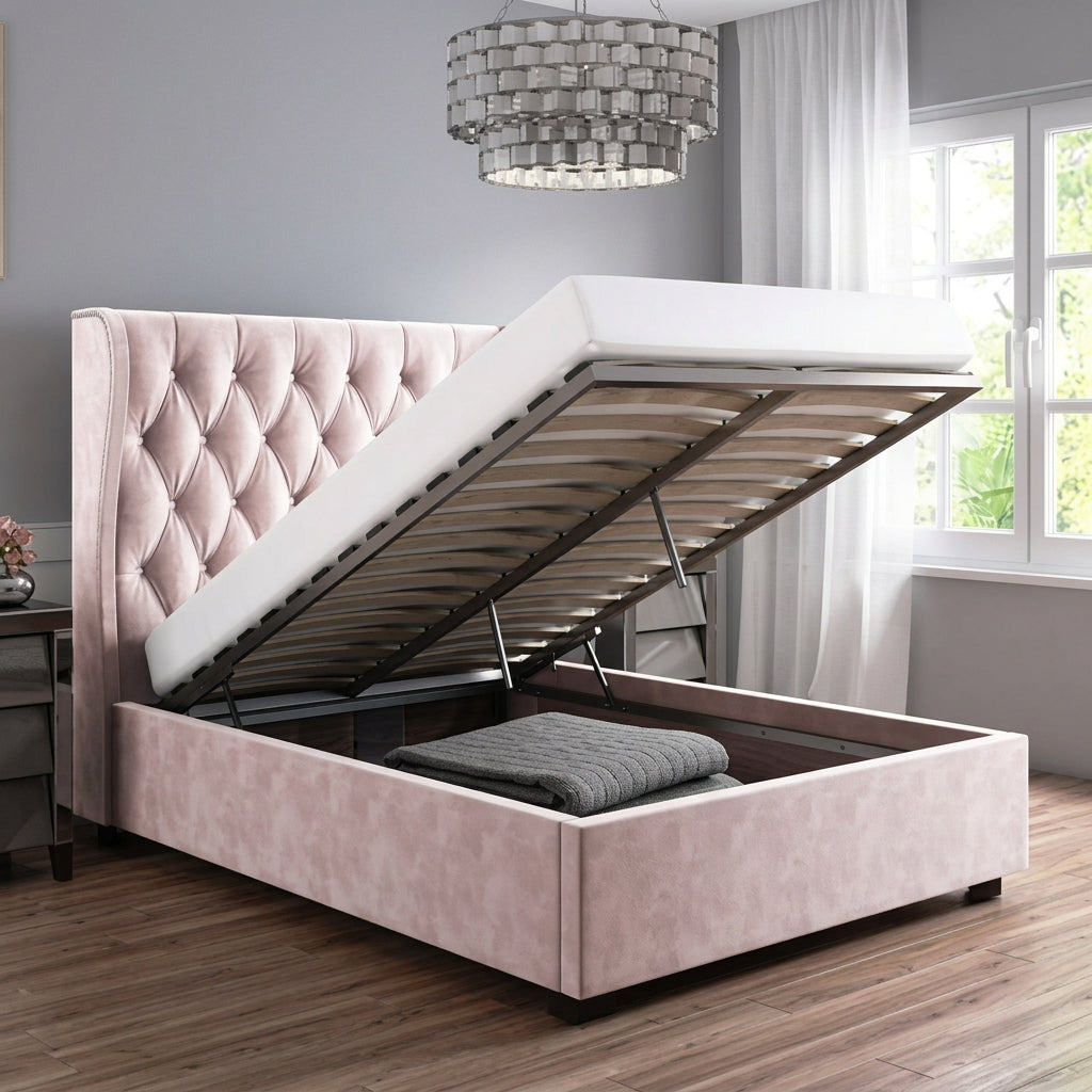 Luxurious Sophia Diamante Wing Back Ottoman Bed in Plush Velvet - rn interiors