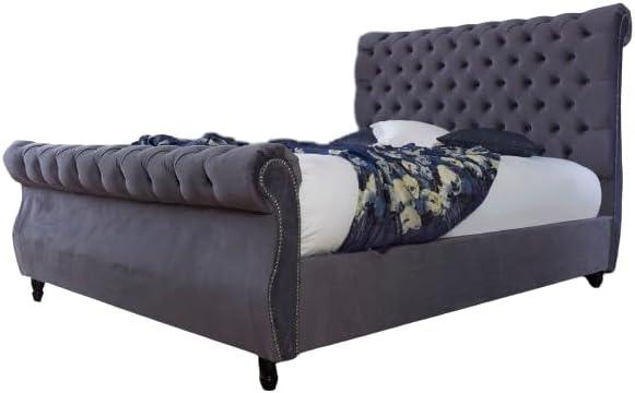 RN INTERIORS LTD Grey Sleigh bed Scroll bed frame Upholstered chesterfield| Fabric Buttons Upholstered Grey Bed Frame| Bed base with Headboard 49’’ & Footboard - rn interiors