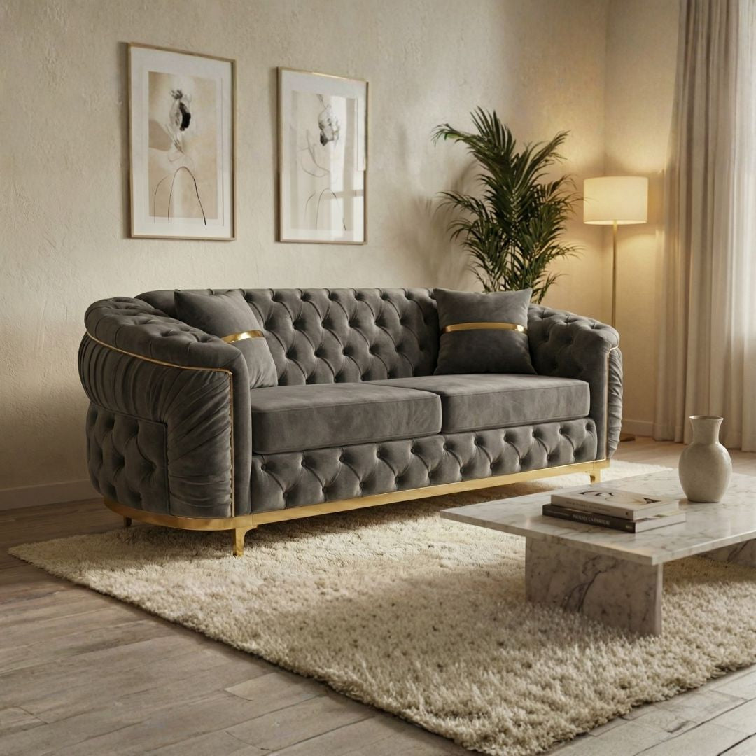 Luxury Beige Tufted Sofa with Gold Accents