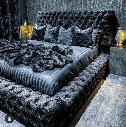 Black Crushed Velvet Upholstered Regal Ambassador Bed Frame and Headboard - Mattress/Diamante Hand Made in the UK - Single/Double/Kingsize/Superking - rn interiors