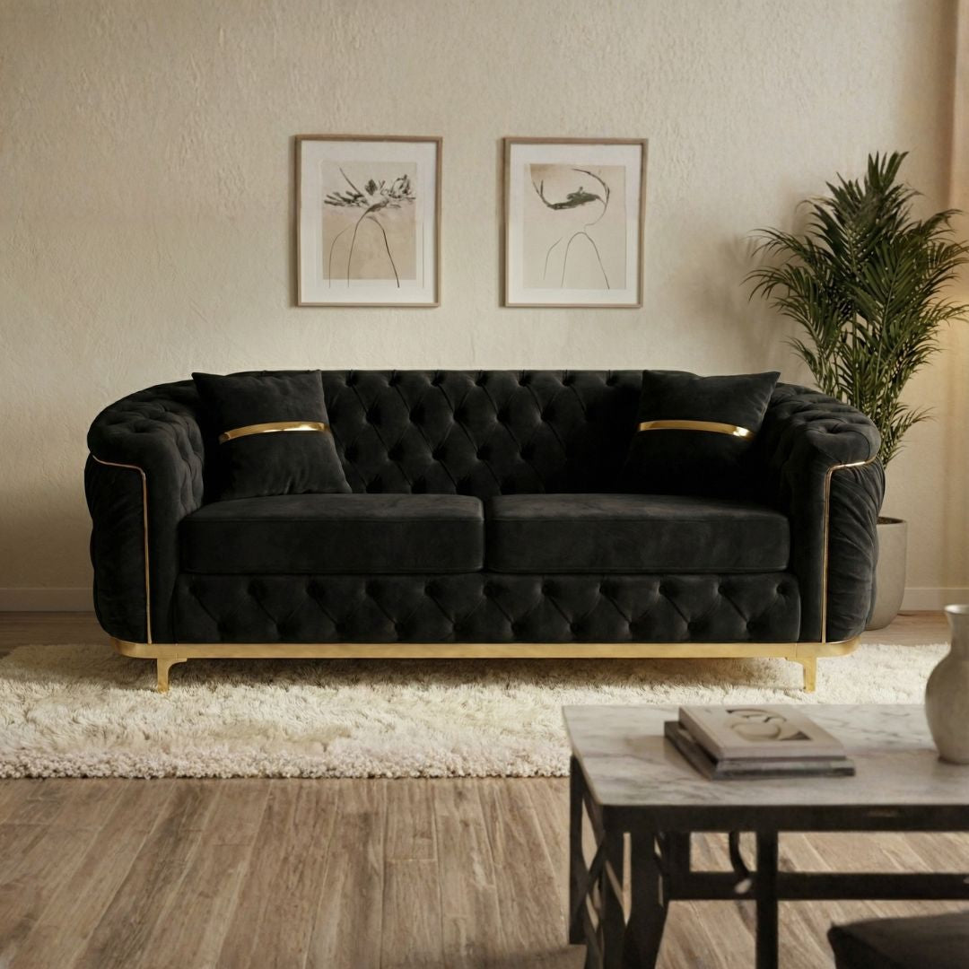 Luxury Beige Tufted Sofa with Gold Accents