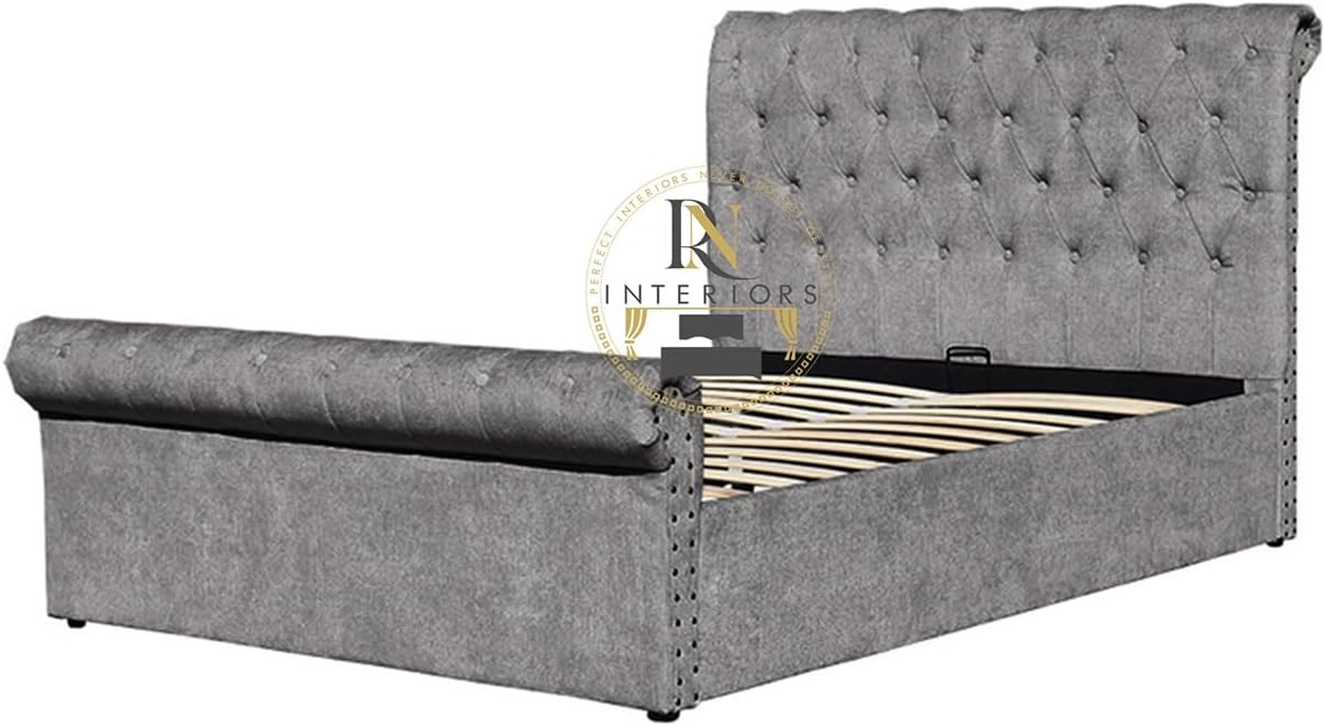 RN Interiors Plush Velvet Ottoman Sleigh Bed Frame with Matching Footboard & 49 inches high Headboard with delivery all over UK Main land - rn interiors