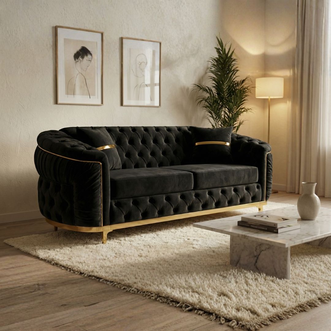 Luxury Beige Tufted Sofa with Gold Accents