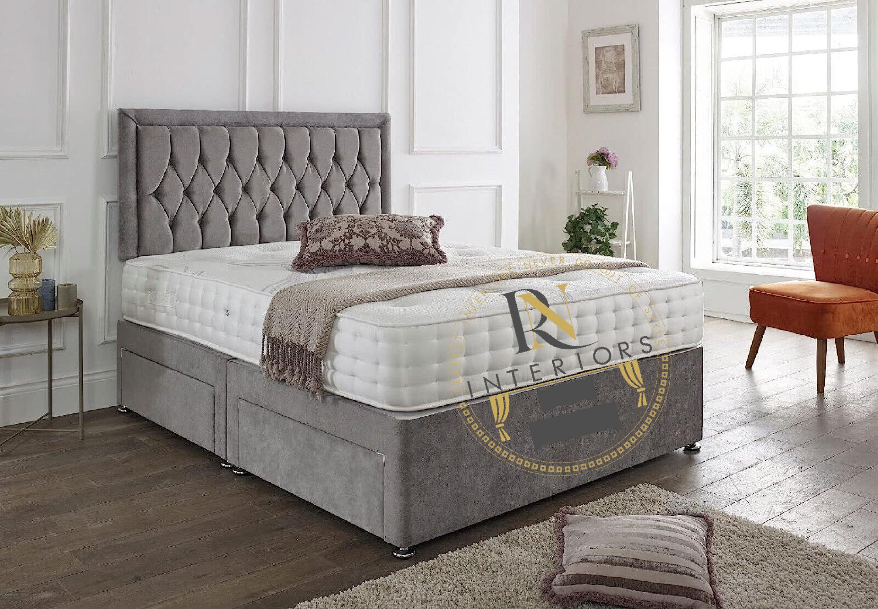 RN INTERIORS LTD Plush VELVET Divan Bed with Storage Draws & 24" Chesterfield Designer Headboard - rn interiors