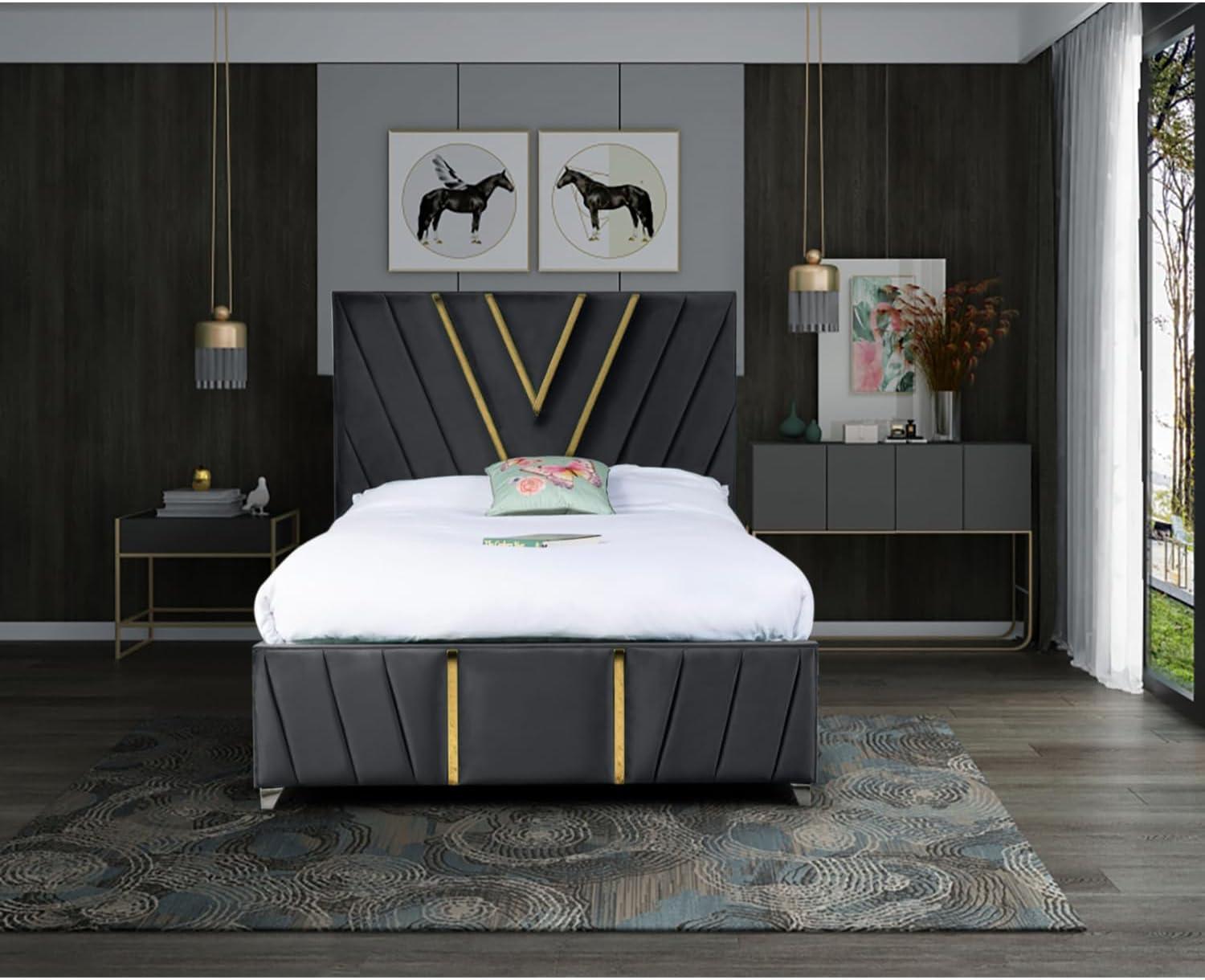 RN Interiors New Modern Grey Plush Velvet Bed frames- Vianca Plush Velvet Luxury Bed Frame with Gold Trim - Handmade in Britain Custom-made bed frames - rn interiors