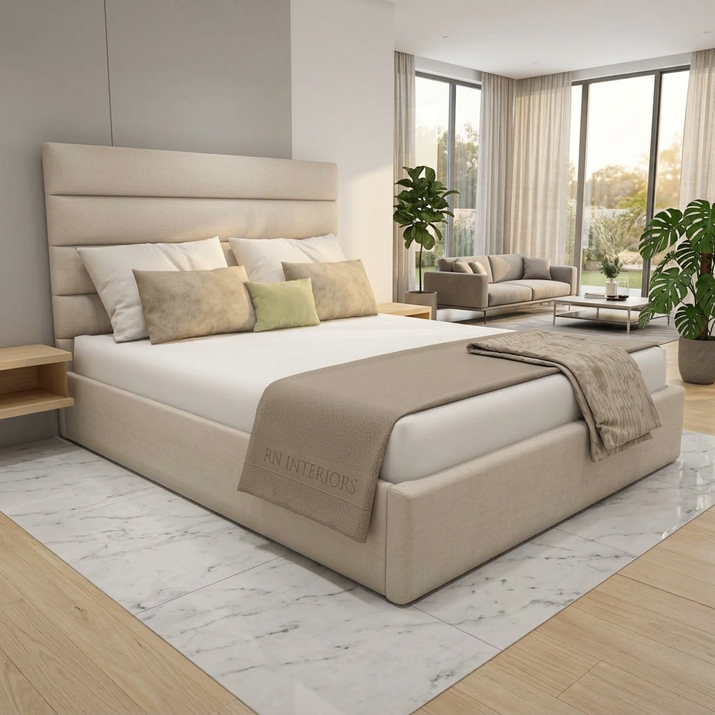 Beige upholstered bed with decorative pillows in a bedroom setting, featuring 'RN Interiors' branding.