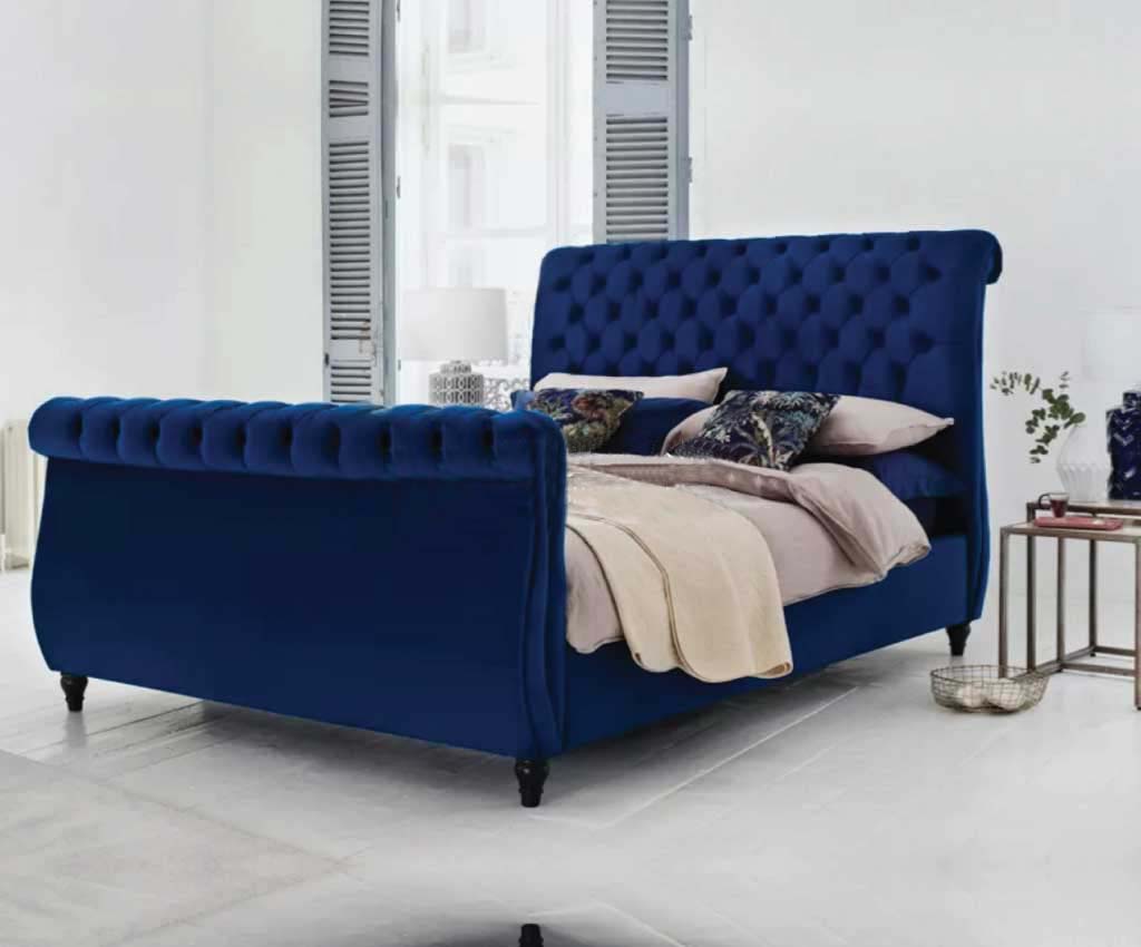 Blue Sleigh Bed With Matching Headboard | Footboard - rn  interiors, Blue Velvet Sleigh Bed UK, Elegant Blue Sleigh Bed with Headboard, Luxury Blue Sleigh Bed with Footboard UK,Buy Blue Sleigh Bed Online in UK, Designer Blue Sleigh Bed with Matching Set,Royal Blue Sleigh Bed with Headboard and Footboard