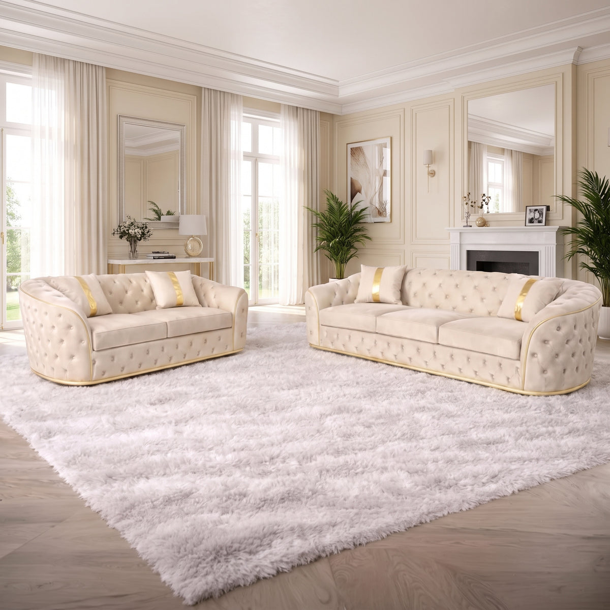 Chesterfield Sofa Set with Gold or Chrome Trim