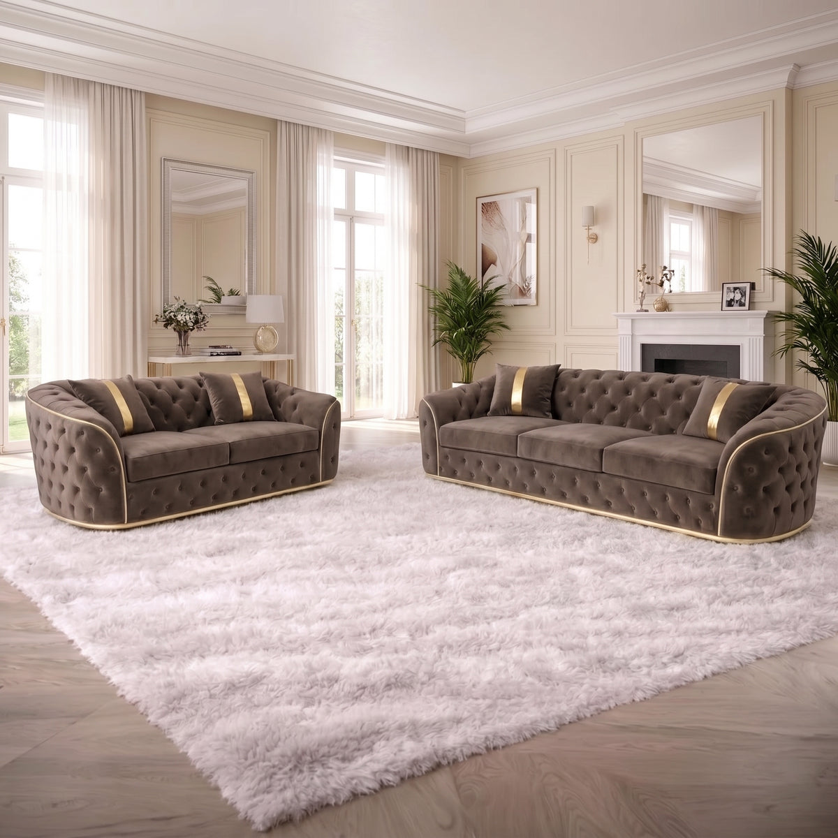 Chesterfield Sofa Set with Gold or Chrome Trim
