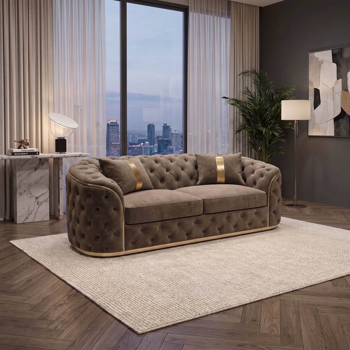 Chesterfield Sofa Set with Gold or Chrome Trim