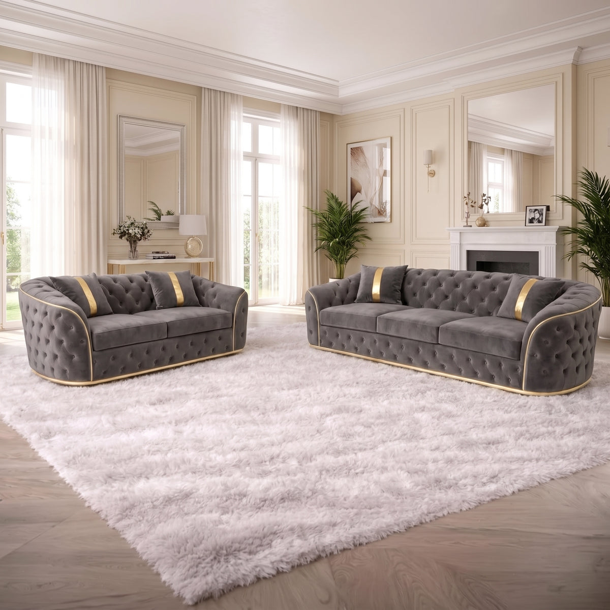 Chesterfield Sofa Set with Gold or Chrome Trim