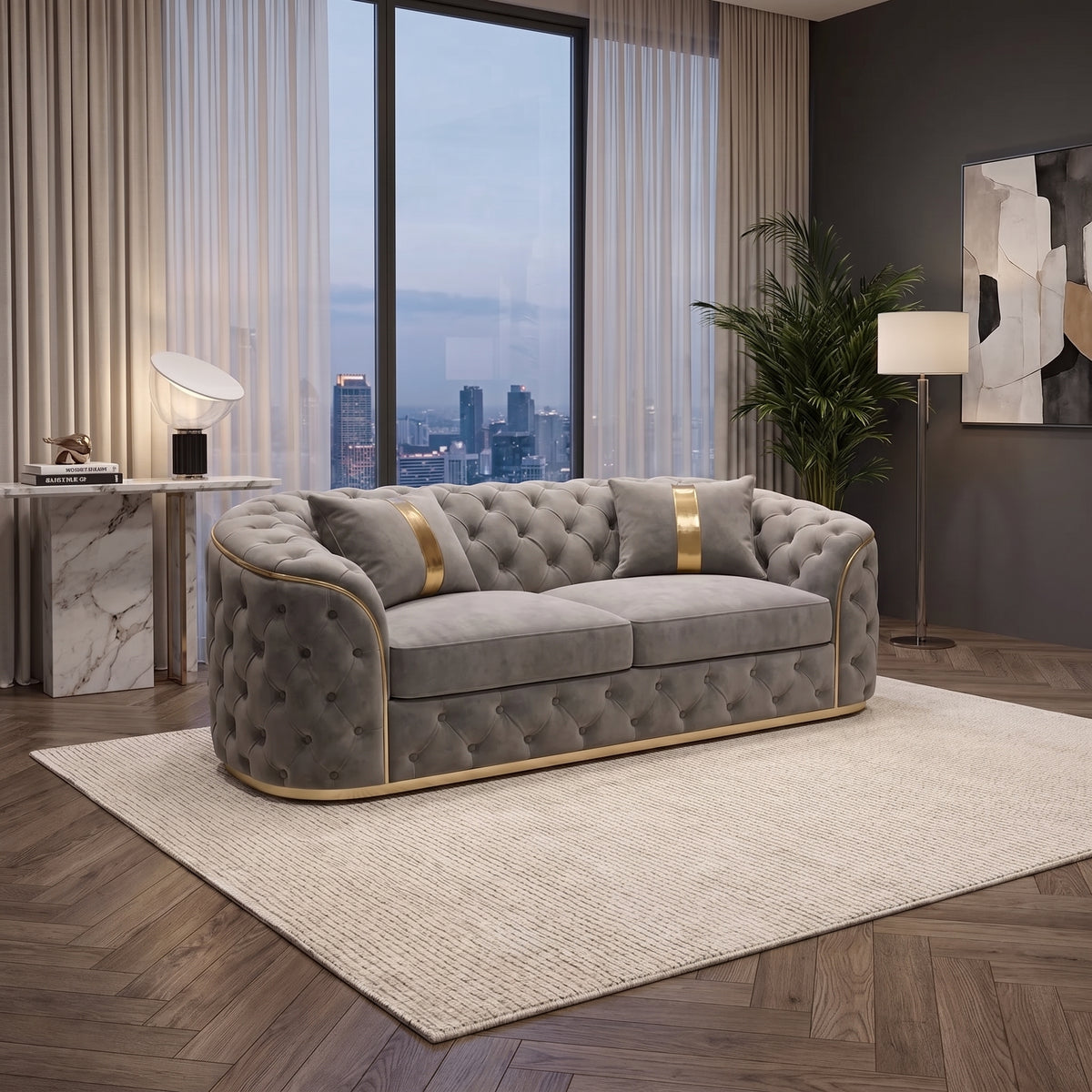 Chesterfield Sofa Set with Gold or Chrome Trim