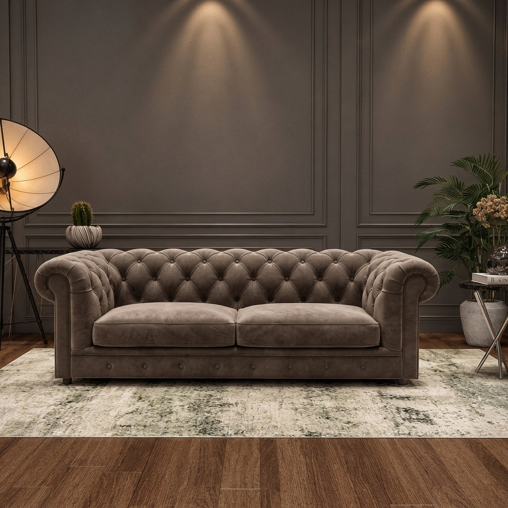 A classic tufted Chesterfield sofa in a taupe-brown velvet fabric, styled in a modern living room setting with a distressed cream rug, wood flooring, and warm wall lighting.