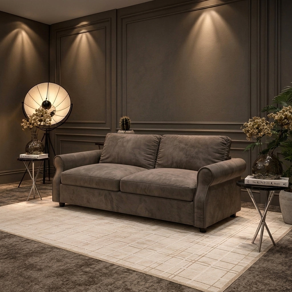 A modern two-seater sofa upholstered in textured taupe fabric, styled in a contemporary living room with dark paneled walls, a floor lamp, and side tables.