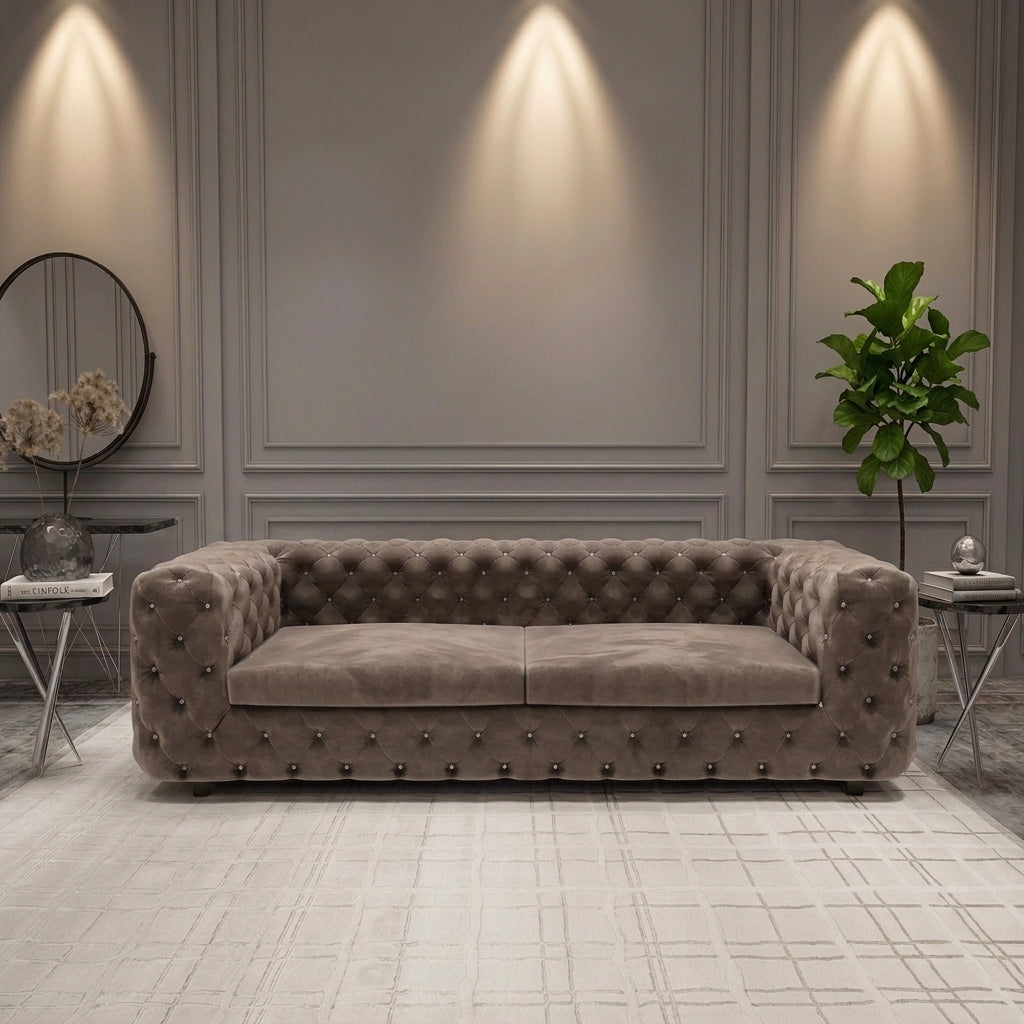 A tufted velvet sofa in taupe-brown with silver nailhead trim, set in a modern living room with gray paneled walls, warm spotlights, and a potted plant.