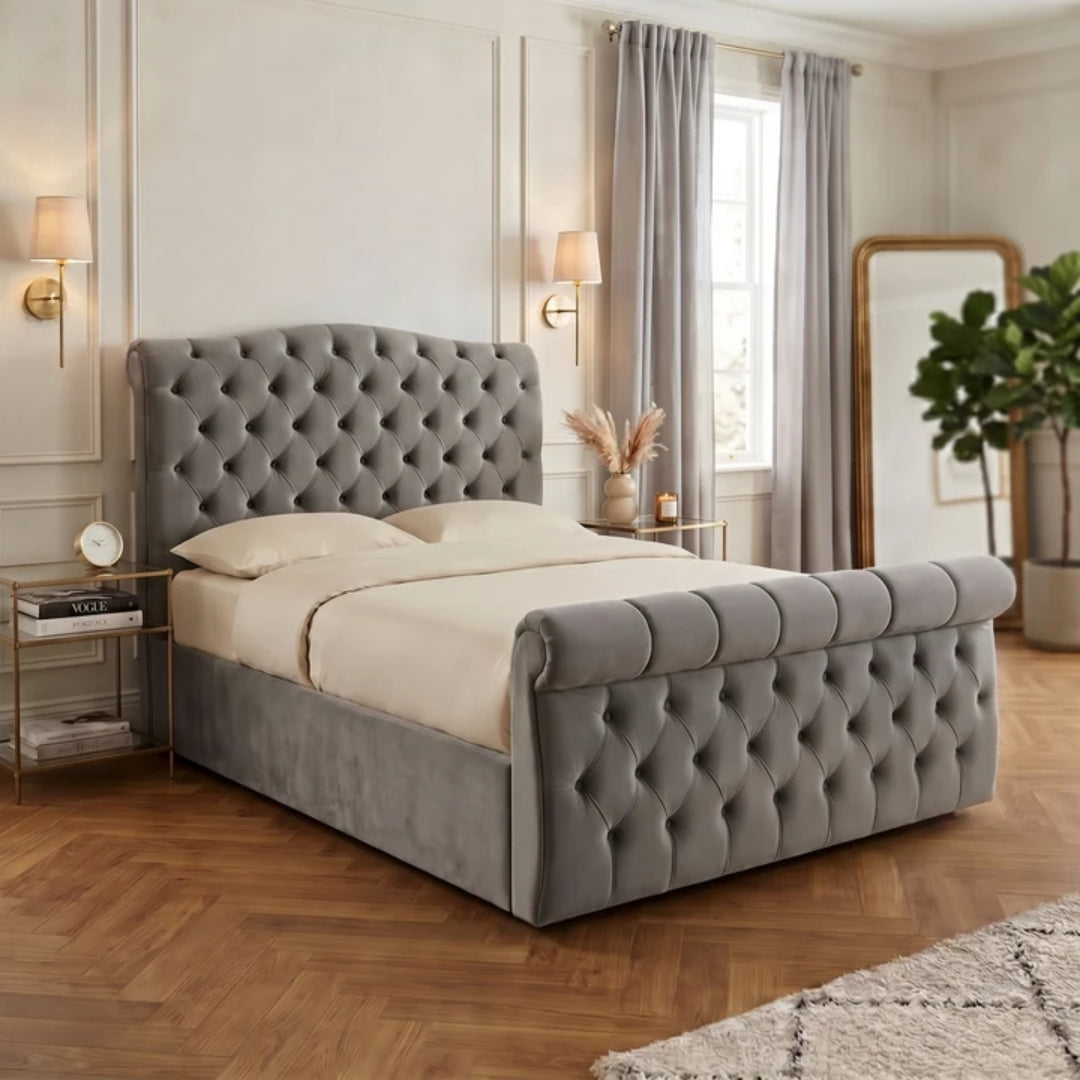 Velvet Sleigh Scroll Footboard Bed Frame