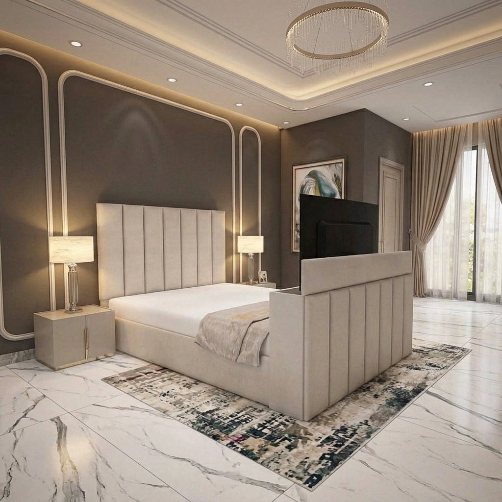 A modern bedroom featuring a large upholstered platform bed with a tall segmented headboard and matching footboard, styled in a luxury setting with marble floors, bedside tables, lamps, and a decorative area rug.