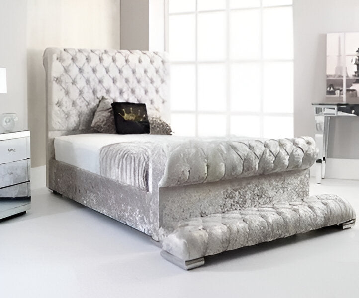 Chesterfield Scroll Sleigh Bed Frame Soft Crushed Velvet Bed Frame - rn interiors