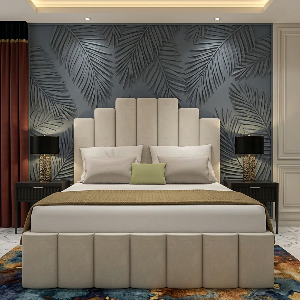 A plush fabric bed frame with a modern sleigh design, upholstered in beige fabric, accompanied by a mattress. The bed is positioned against a luxury-themed backdrop with marble walls and is lit by bedside lamps.