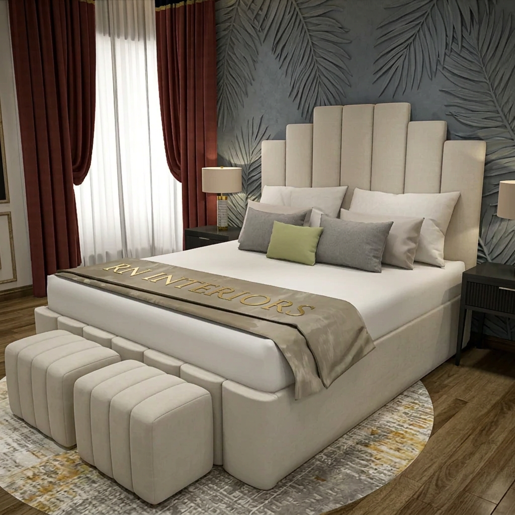 A modern upholstered bed in a styled bedroom setting, featuring a tall segmented headboard, cream bedding, gray and green accent pillows, a decorative throw blanket, matching ottomans at the foot of the bed, and dark wood flooring.