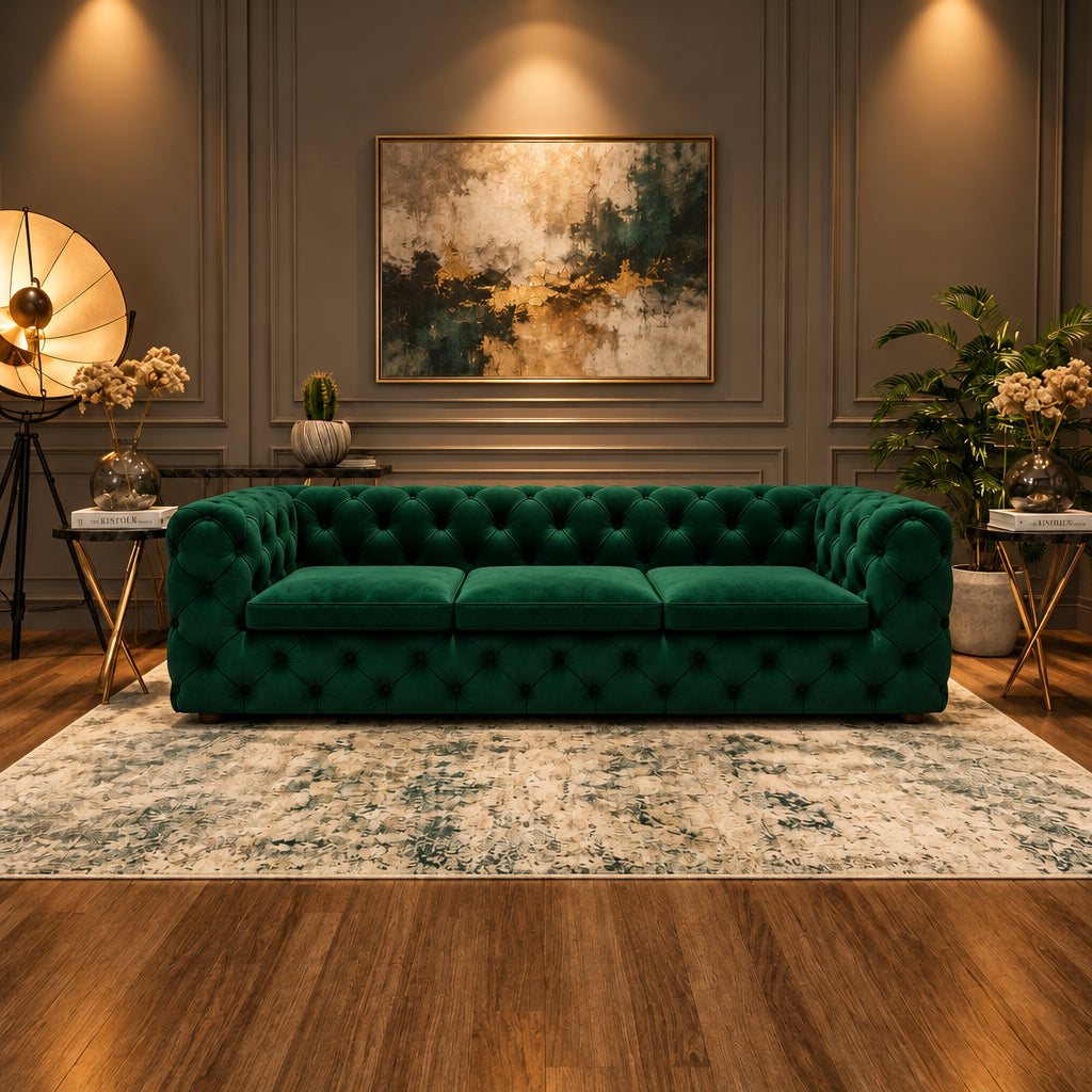 A dark green tufted velvet sofa placed in a styled living room with wood flooring, a patterned rug, side tables, plants, and wall decor.