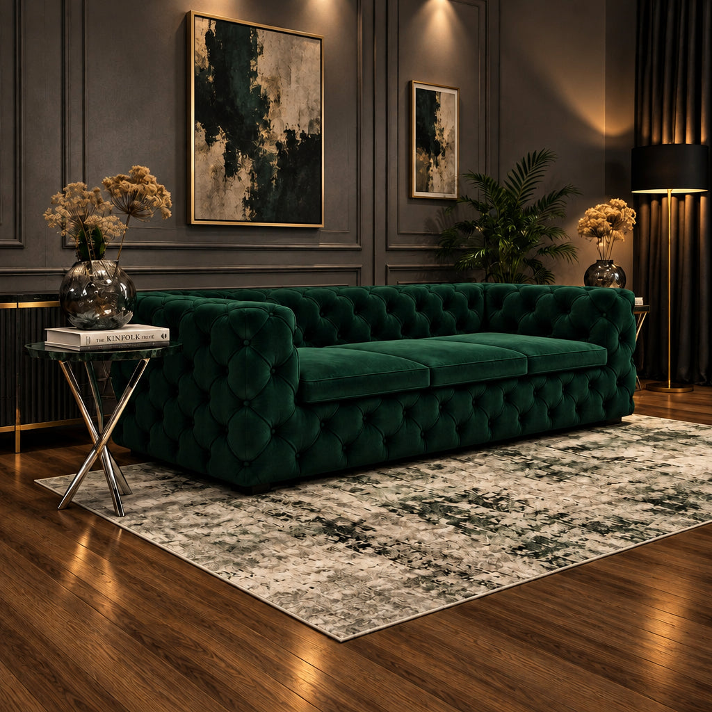 A dark green tufted velvet sofa placed on a light patterned rug in a styled living room with wood flooring, side tables, and decorative vases.