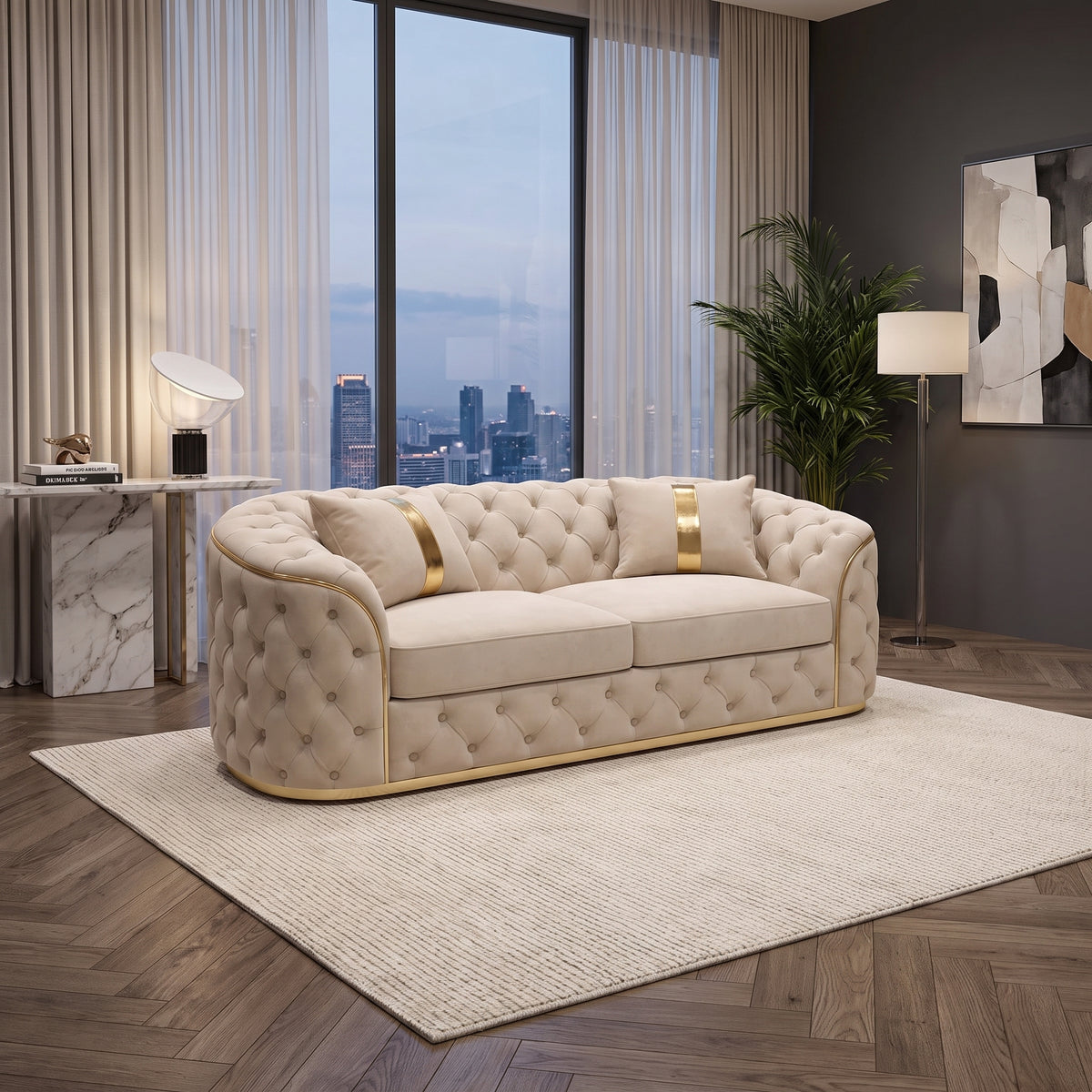 Chesterfield Sofa Set with Gold or Chrome Trim