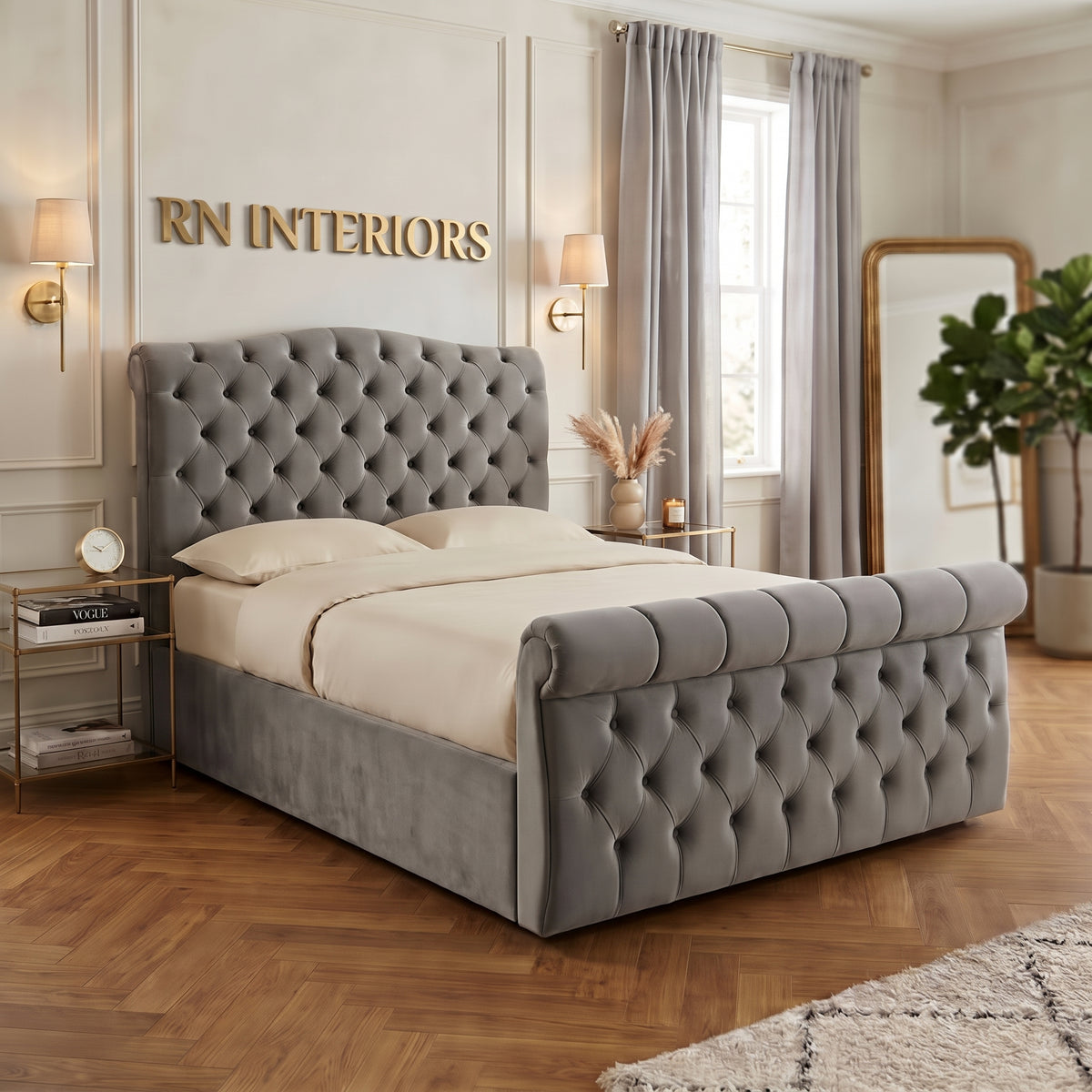 Velvet Sleigh Scroll Footboard Bed Frame