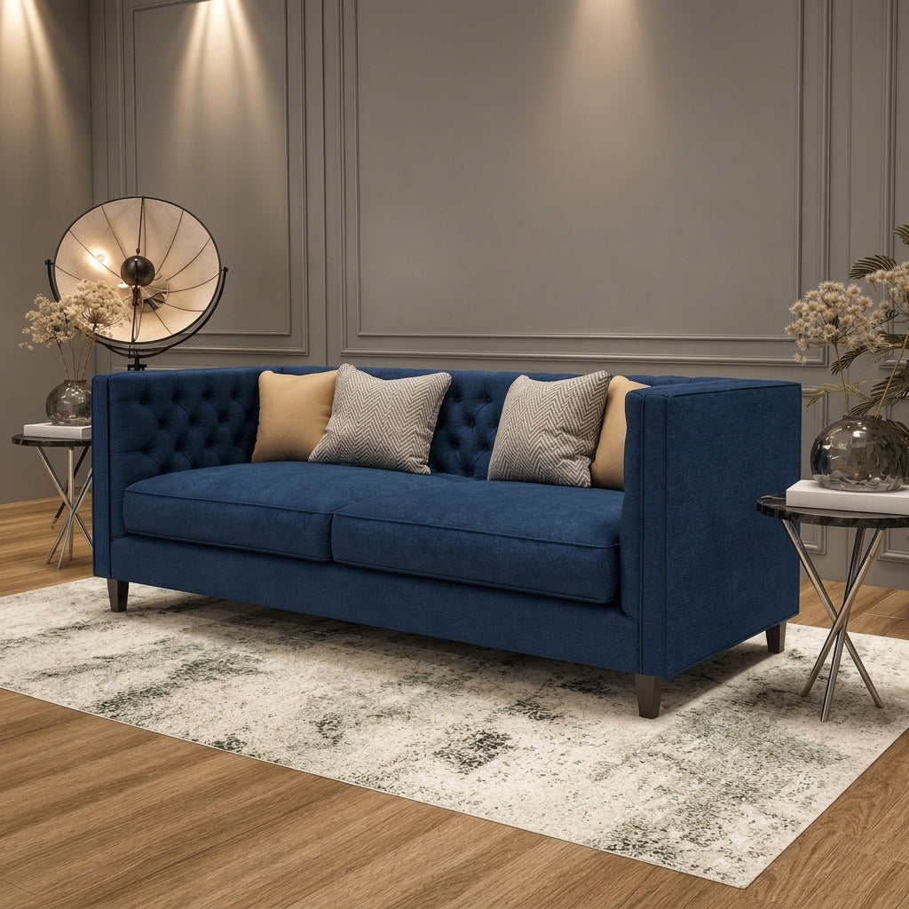A blue tufted loveseat sofa with three decorative throw pillows, styled in a modern living room setting on a distressed white rug with wood flooring.
