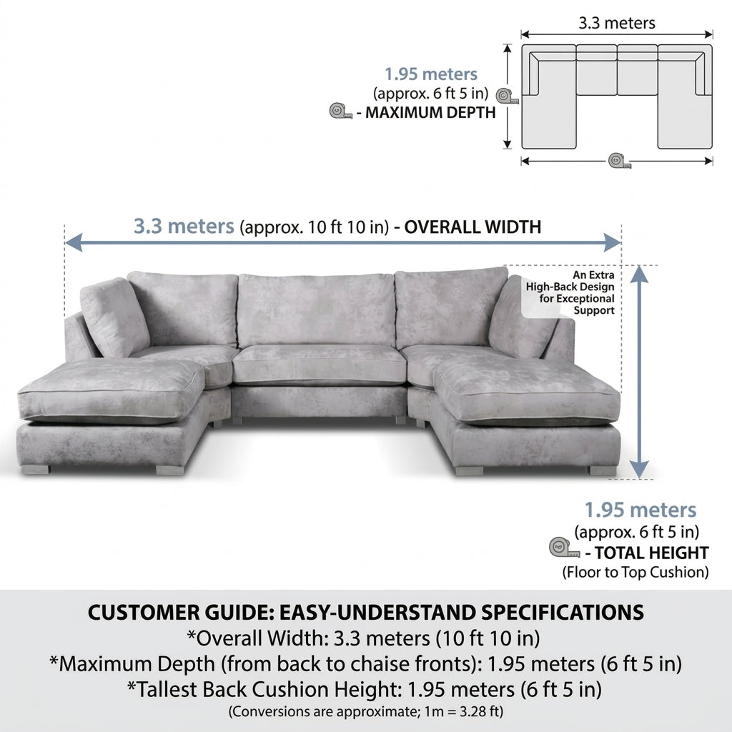 A dimension diagram of a light gray sectional sofa with overlaid measurements for overall width, maximum depth, and total height, plus a customer guide section at the bottom explaining the specifications.