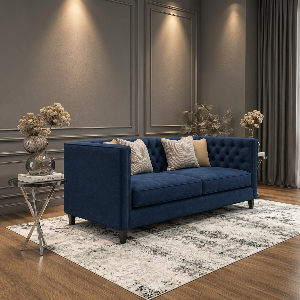 A navy blue tufted velvet loveseat sofa styled in a modern living room setting with neutral throw pillows, a patterned area rug, and side tables.