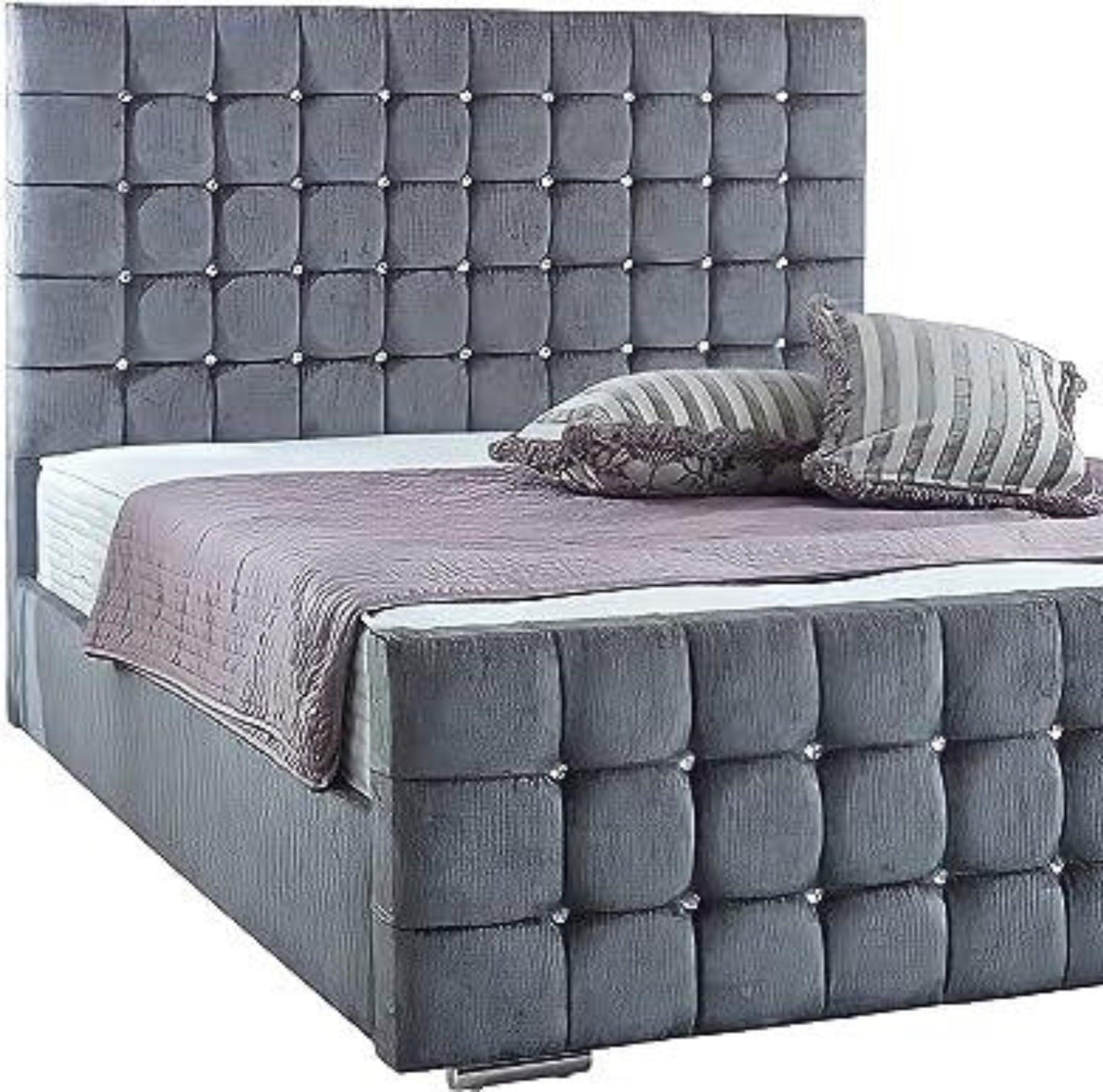 New Sleigh bed frame Royal Grey CUBE Bed frame with Grey Plush Velvet bed - rn interiors