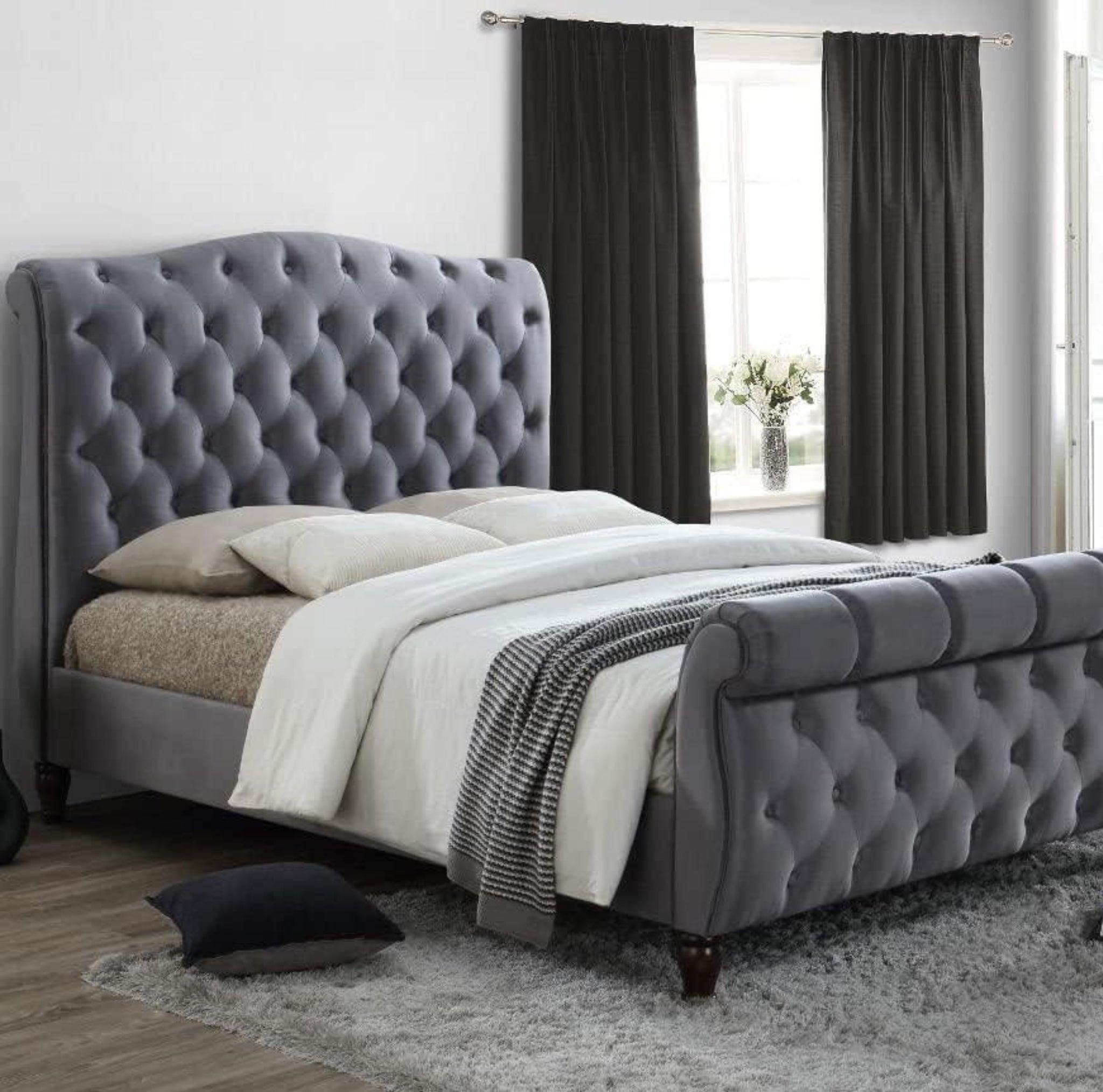 Velvet Sleigh Bed, Grey Fabric Modern Bed with headboard and footboard - rn interiors