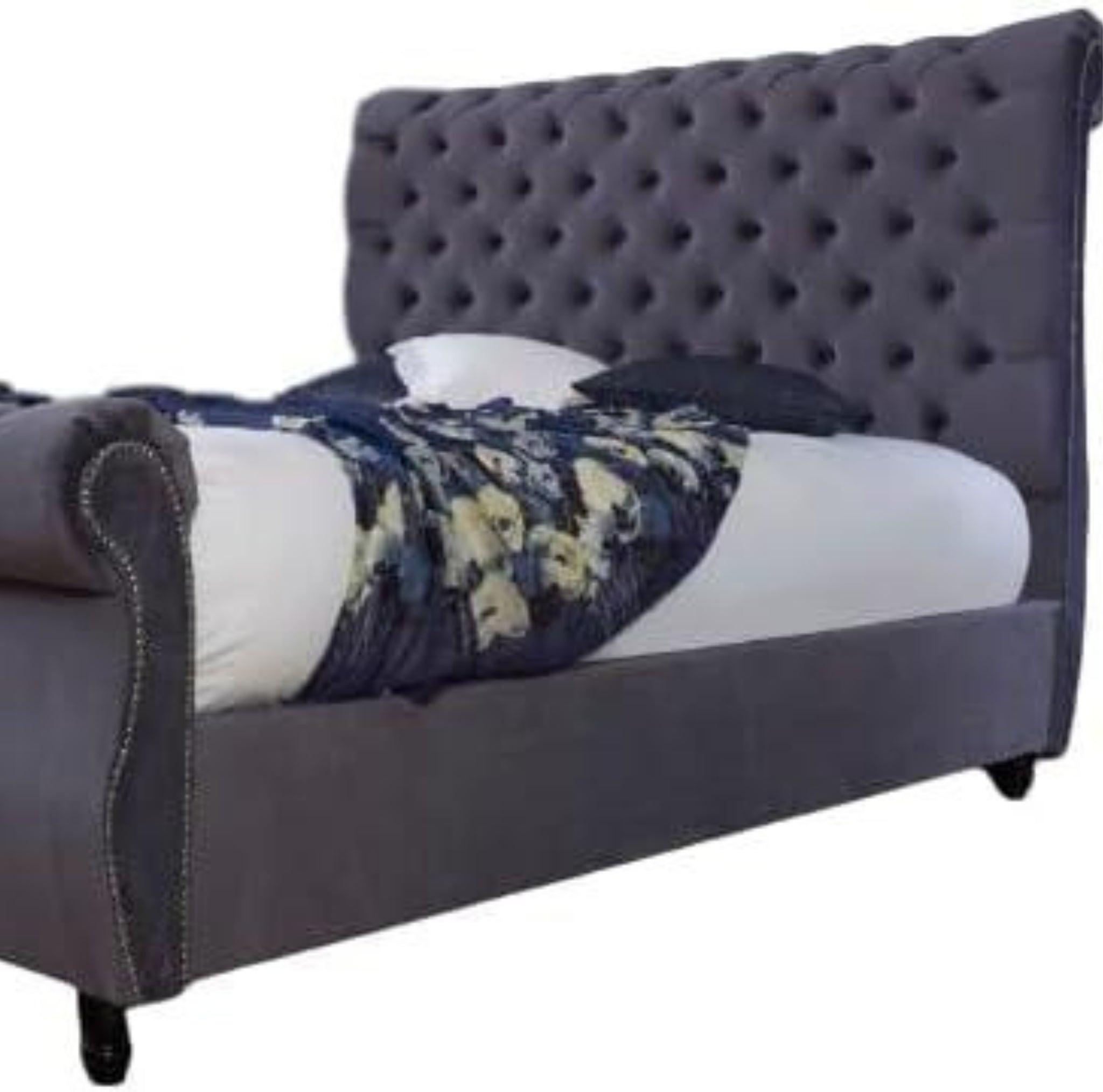 RN INTERIORS Grey Sleigh bed - Fabric Buttons Upholstered Grey Bed Frame - rn interiors