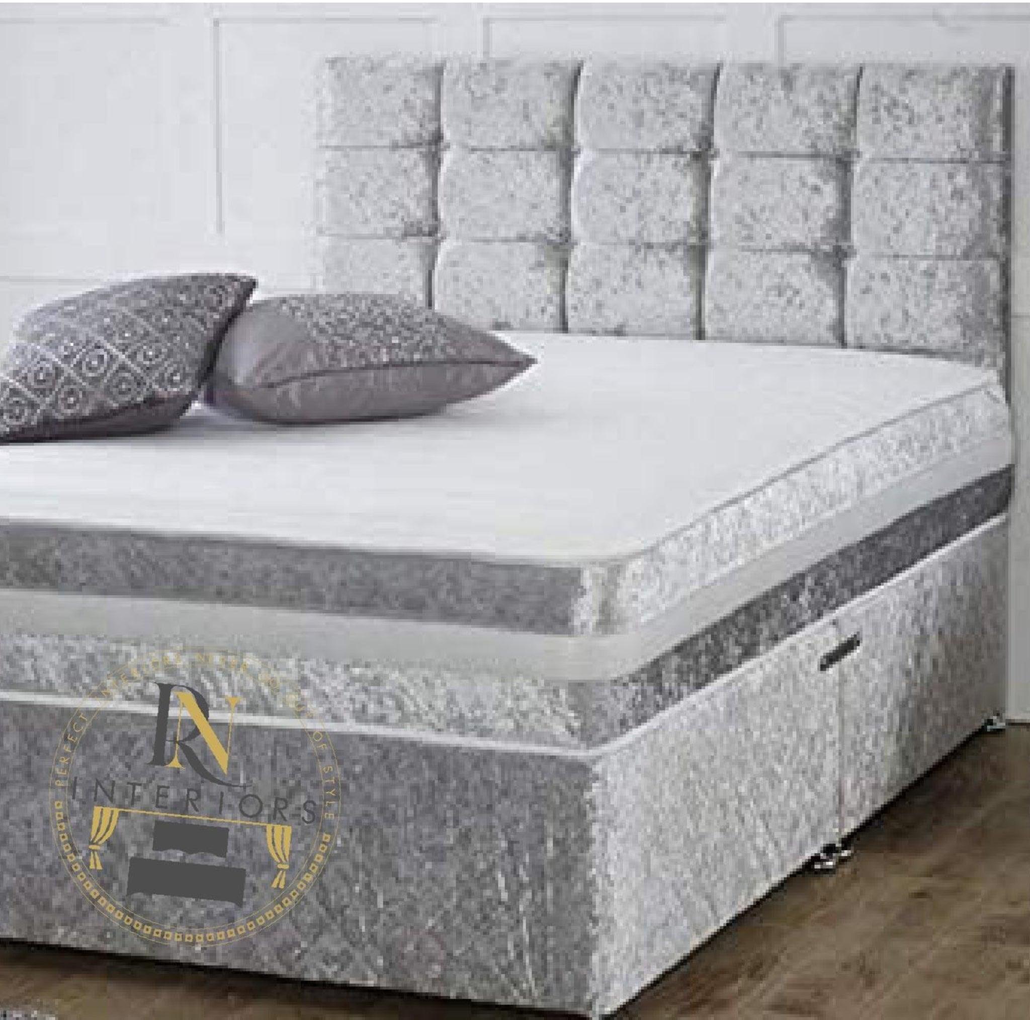 RN Silver Crushed Velvet Divan Bed Set 2 Drawer | Divan Bed Frame With Memory Foam Sprung Mattress And Matching Headboard - rn interiors