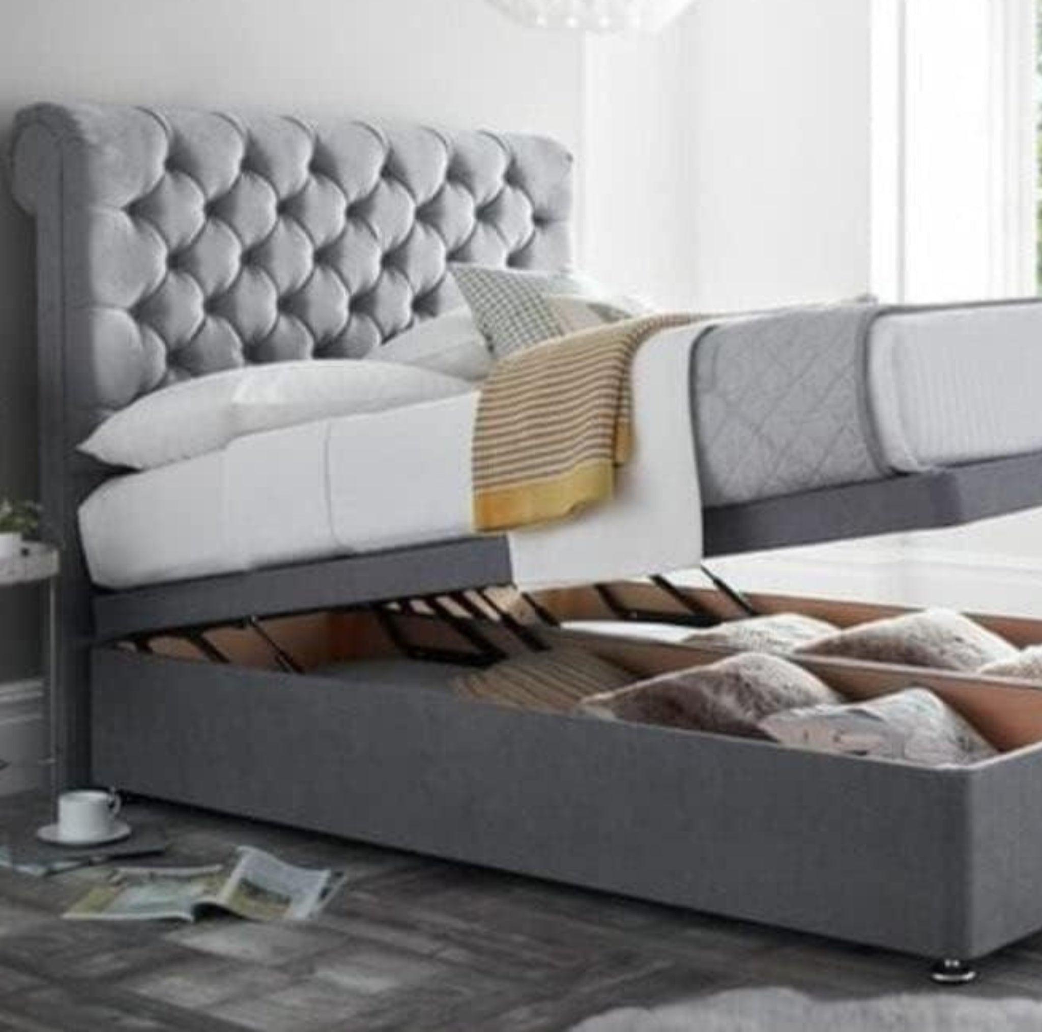 RN Interiors Ottoman sleigh Bed - Upholstered Bed Frame with Chesterfield Headboard - rn interiors