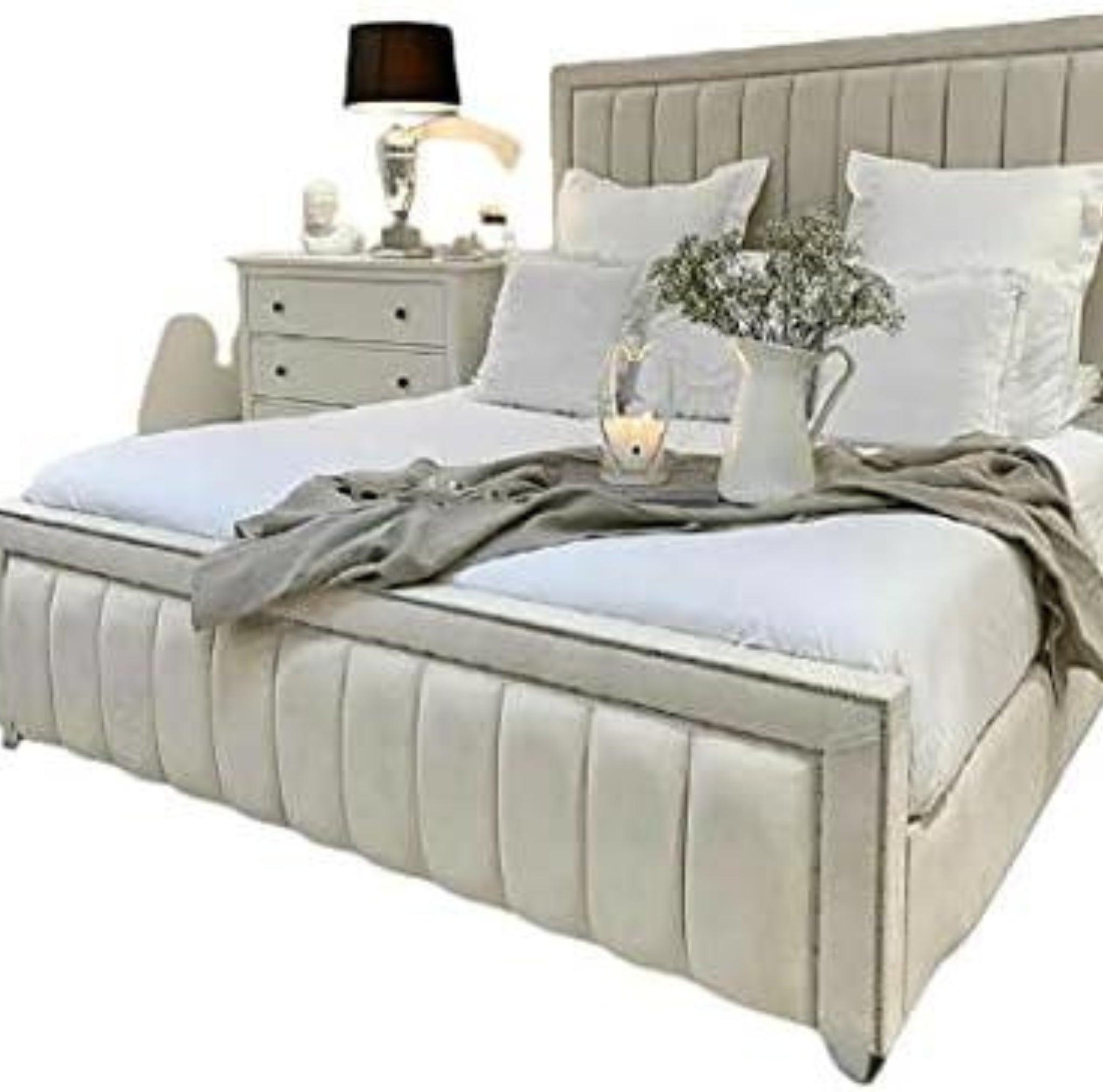 New RN Dior Upholstered Bed Frame With 52 Inches High Matching Designer Headboard bl - rn interiors, Luxury Upholstered Bed,Designer Bedroom Furniture,Tufted Headboard,Customizable Fabric OptionsContemporary Elegance,Plush Velvet Bed Frame,Handcrafted Bed Frame,Queen Size or King Size