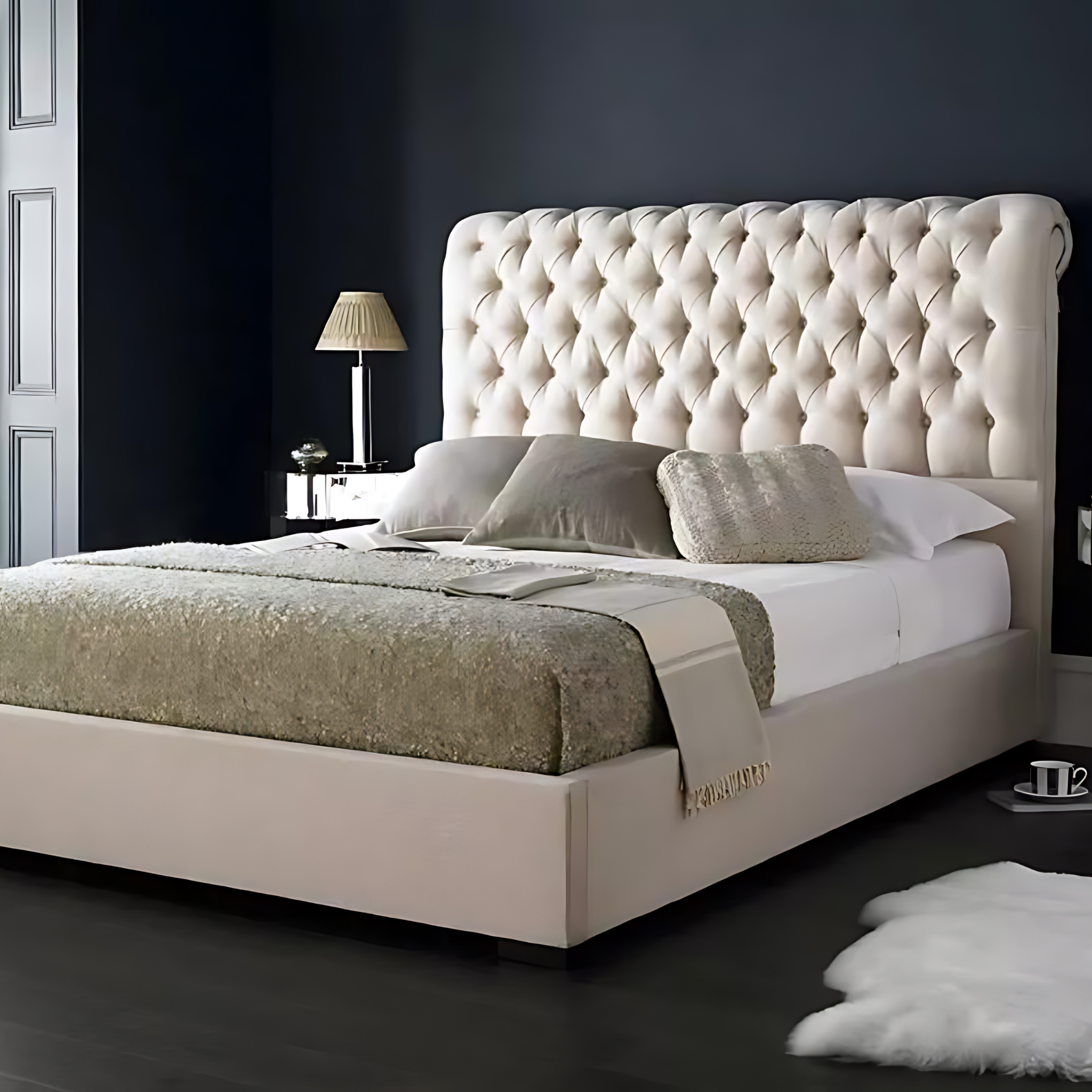 Chesterfield Chenille Cream Sleigh Bed With Matching Headboard | Footboard - rn interiors