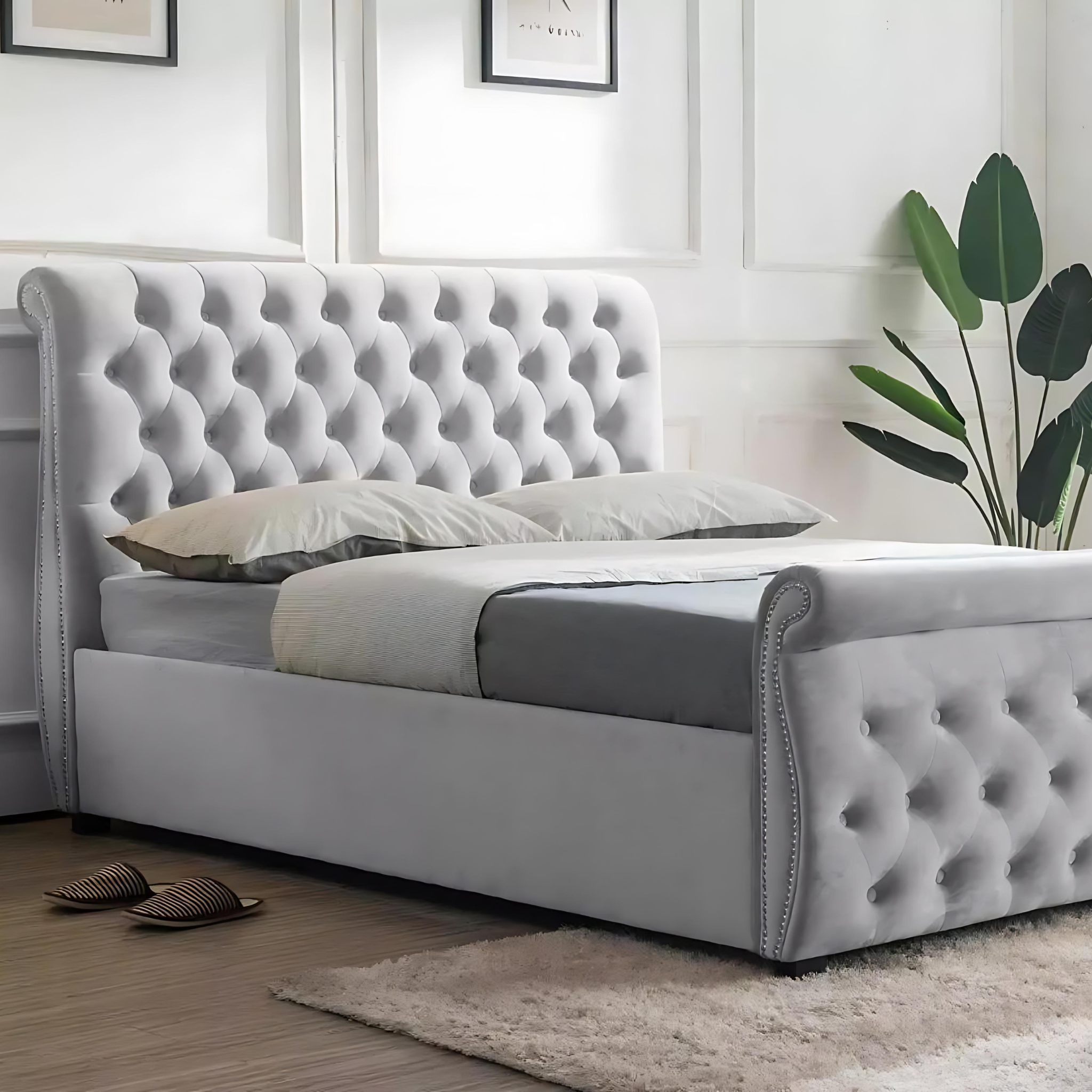 Luxury Silver Crushed Velvet Sleigh Bed Double - rn interiors